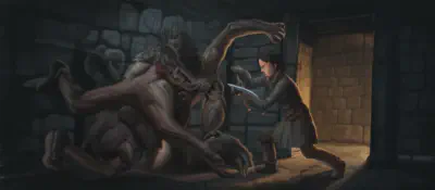 Riyou drives the bone-handle dagger between Slouch Ribs' exposed ribs in the torchlit corridor