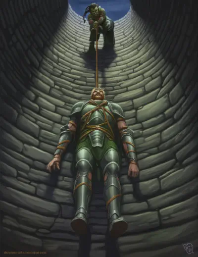 Irulan hauls Bancroft up the rope shaft, his armor slack and arms hanging, Bancroft going up like cargo