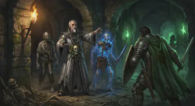A gaunt necromancer in dark robes commanding undead, facing an armored knight in a torchlit barrow