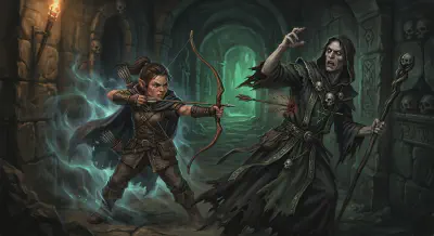 A small rogue drawing a bow from the shadows behind a wounded necromancer in a dark dungeon corridor
