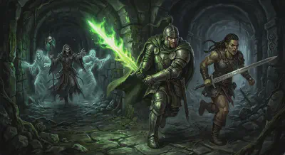 A knight with a green-glowing sword and a half-orc woman warrior chasing a fleeing necromancer through dark barrow corridors