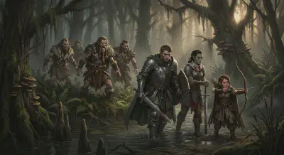 Four feral humans with filed teeth and matted furs emerge from swamp undergrowth to ambush the wounded party of Bancroft, Irulan, and Riyou