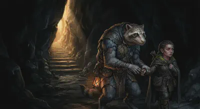 Riyou the halfling rogue is led through darkness by Flip-Flop the mongrelman toward distant sunlight at the top of stone stairs