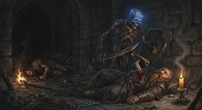 A sapphire-skulled skeleton looms over the fallen dwarf wizard SeaCrock by dying candlelight, Kolix's body visible in shadow