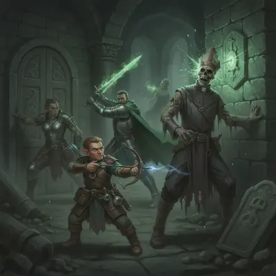The halfling apothecary Driah Plegparg fires a crossbow bolt through a Huecuva's skull while Bancroft fights with his glowing longsword and Irulan braces against the door