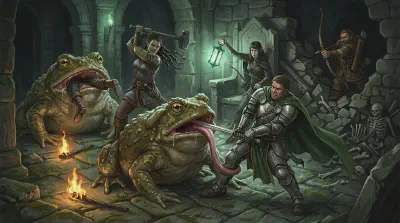 Two enormous green giant toads fight the party in the crypt, one with its tongue wrapped around Bancroft's leg while he braces his sword in its jaws, the other swallowing the hireling Lulldun, Anister firing a longbow from cover and Clarice hiding behind the broken throne with her short bow